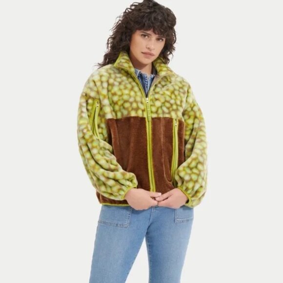 UGG~Women's Marlene Sherpa Print Faux Fur Jacket~ CHARTREUSE NEW WITH TAG SZ XS - Picture 3 of 8